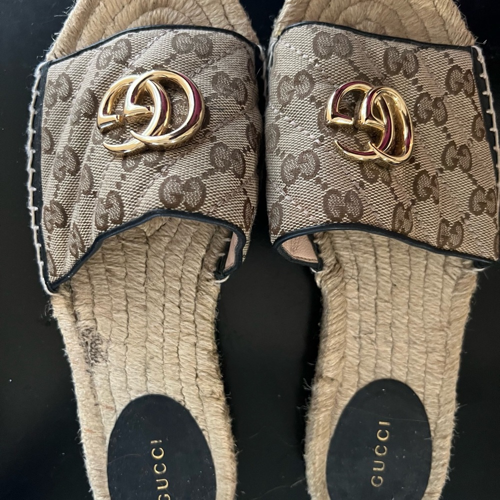 Gucci Tan Monogram Espadrille Slides